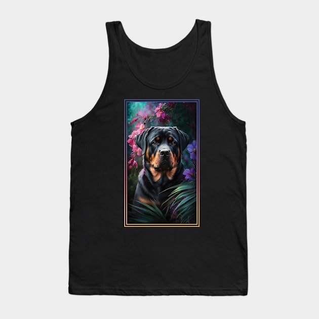 Rottweiler Dog Vibrant Tropical Flower Tall Digital Oil Painting Portrait 2 Tank Top by ArtHouseFlunky